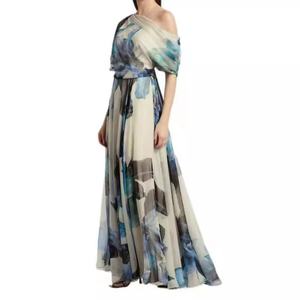 ZARA Summer Bohemian Vacation Chiffon Off Shoulder Flounce Print Dress